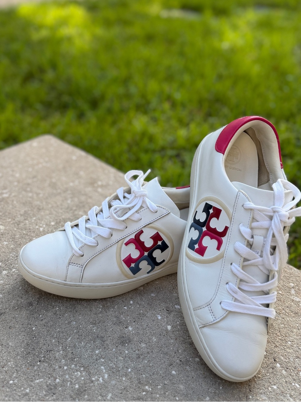 Tory Burch Howell Court Leather Sneaker – White Multi Logo, women’s size9